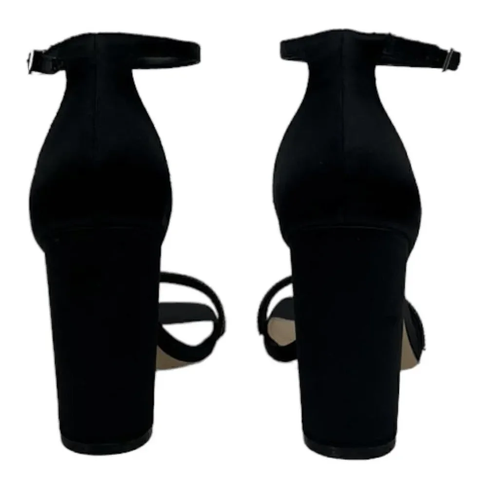 New Women Jewel Badgley Mischka Black Satin Block Heel Sandals US 8.5